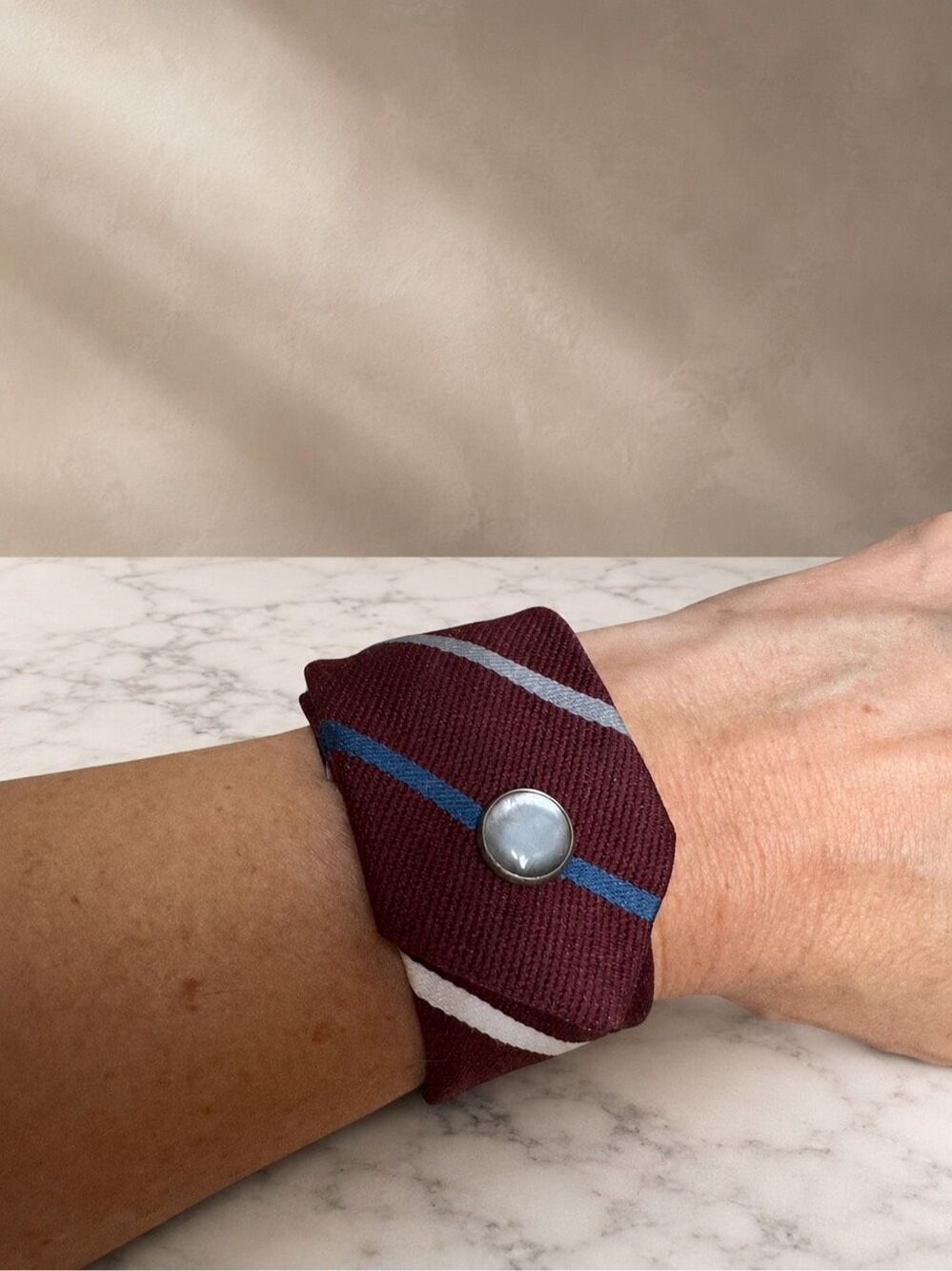 Upcycled Men’s Tie Bracelet Adjustable Snap Cuff Burgundy Striped Handmade